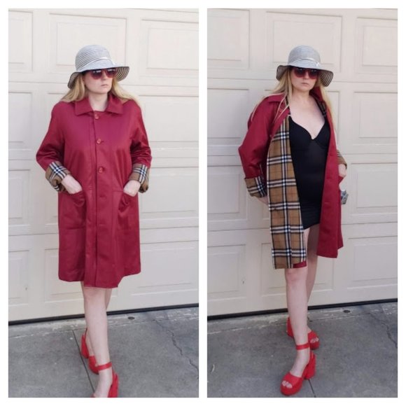 Red Tartan Lined Designer Hooded Trench Coat - Picture 1 of 12
